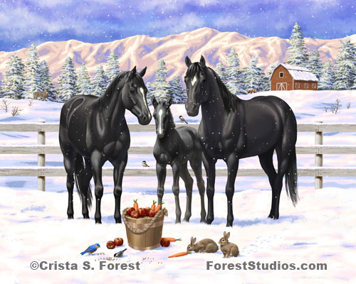 Black Horses In Snow Painting