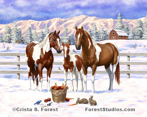 Chestnut Pinto Horses In Snow Painting