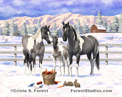 Buckskin Pinto Horses In Snow Painting