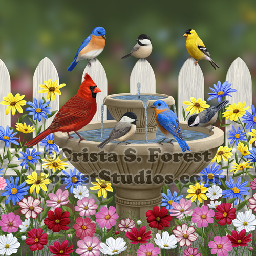 Birds in a flower garden birdbath