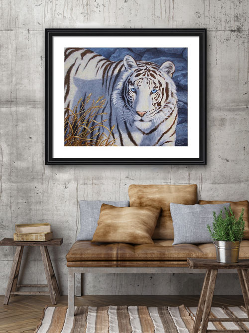 Oil painting of a white tiger with blue eyes